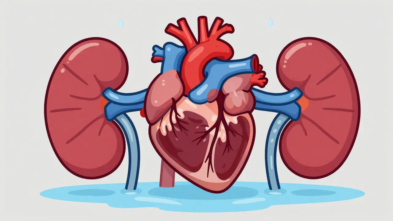Stylized heart struggling against fluid retention blockage.