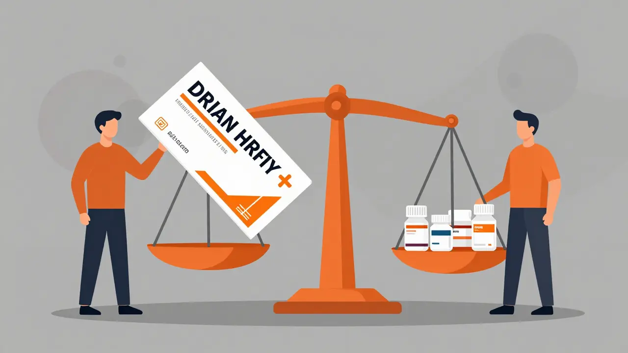 Balance scale comparing expensive brand vs cheap generic medicine