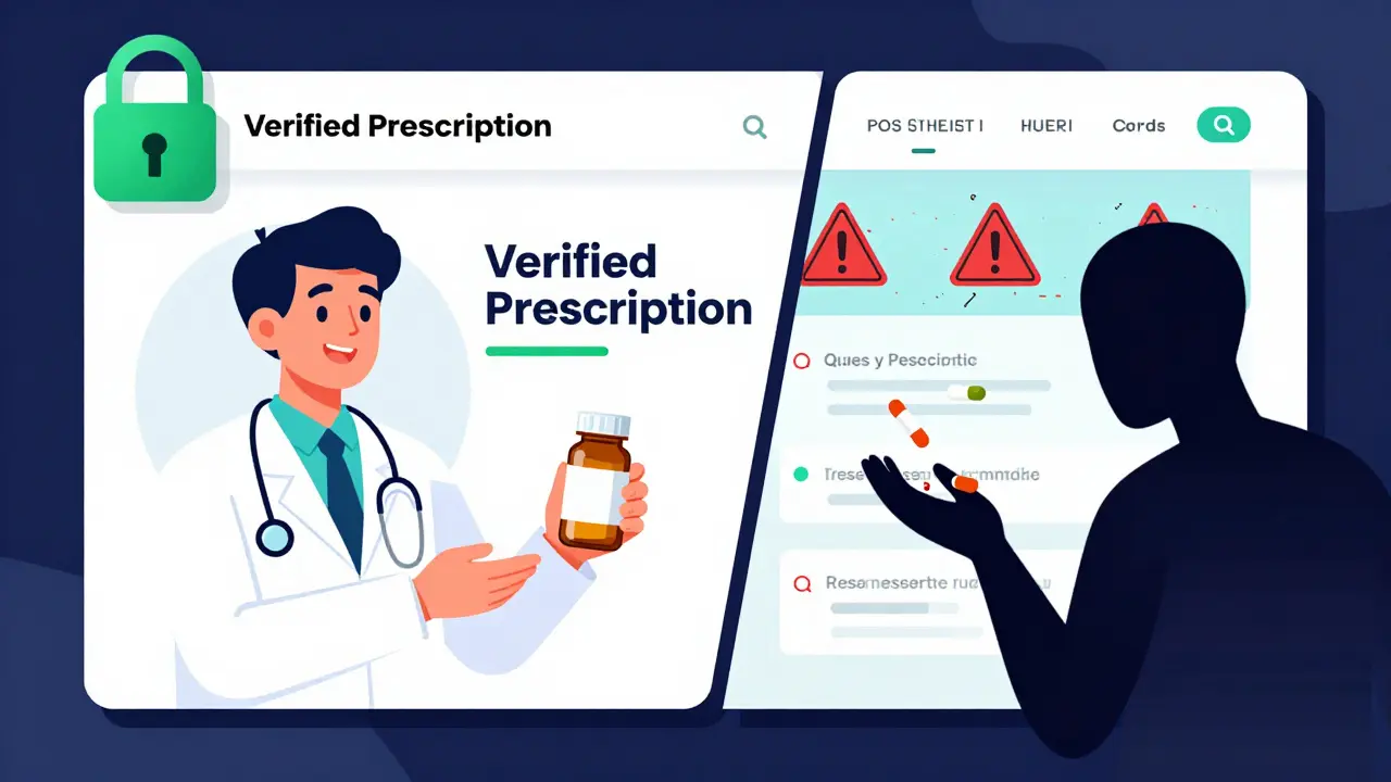 Cartoon comparing safe verified pharmacy vs suspicious fake website