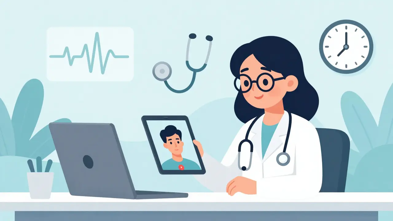 Cartoon of a doctor conducting a telehealth video consultation with a patient.