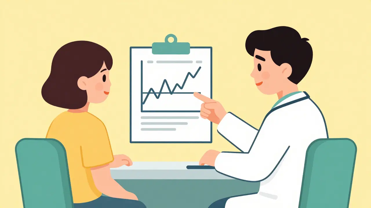 Doctor and patient reviewing a stability chart in a cartoon style.