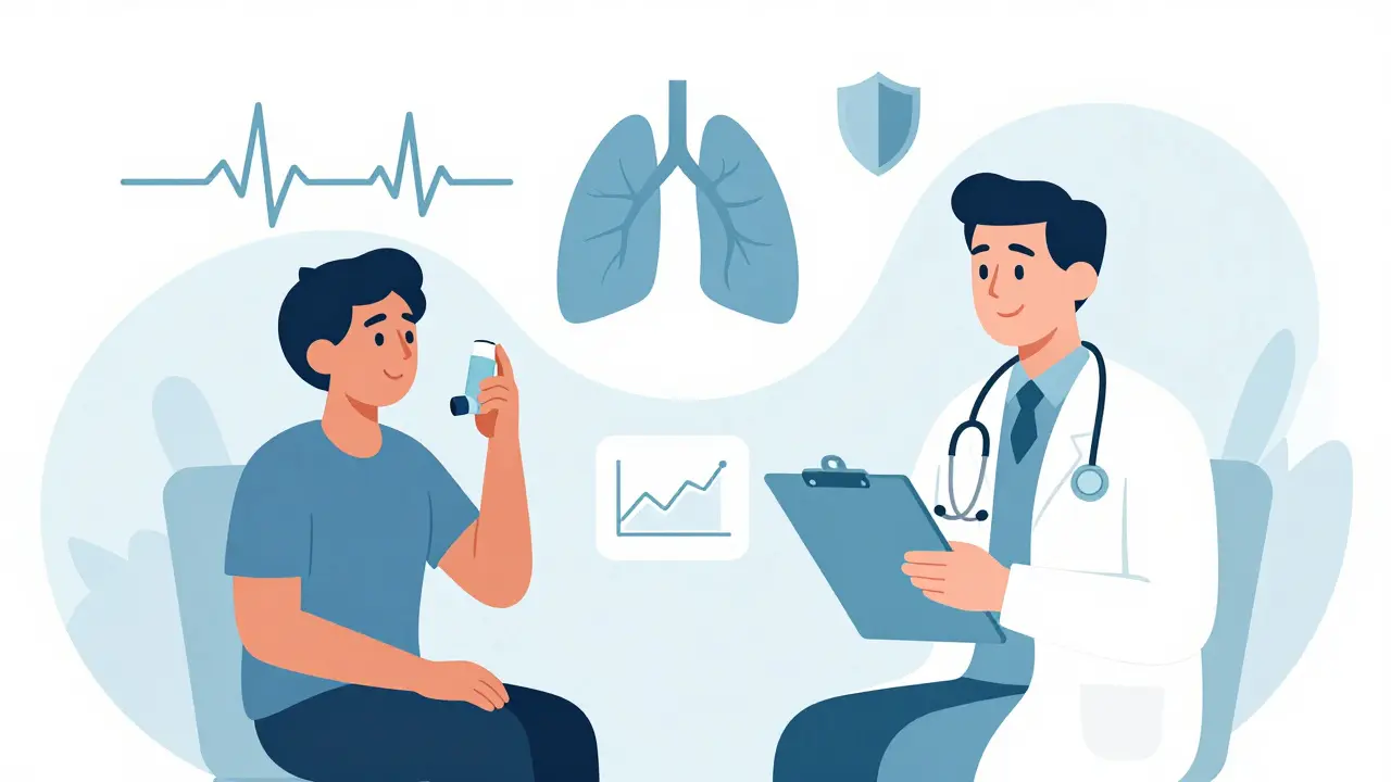 Doctor and patient reviewing stable lung health with rescue inhaler nearby