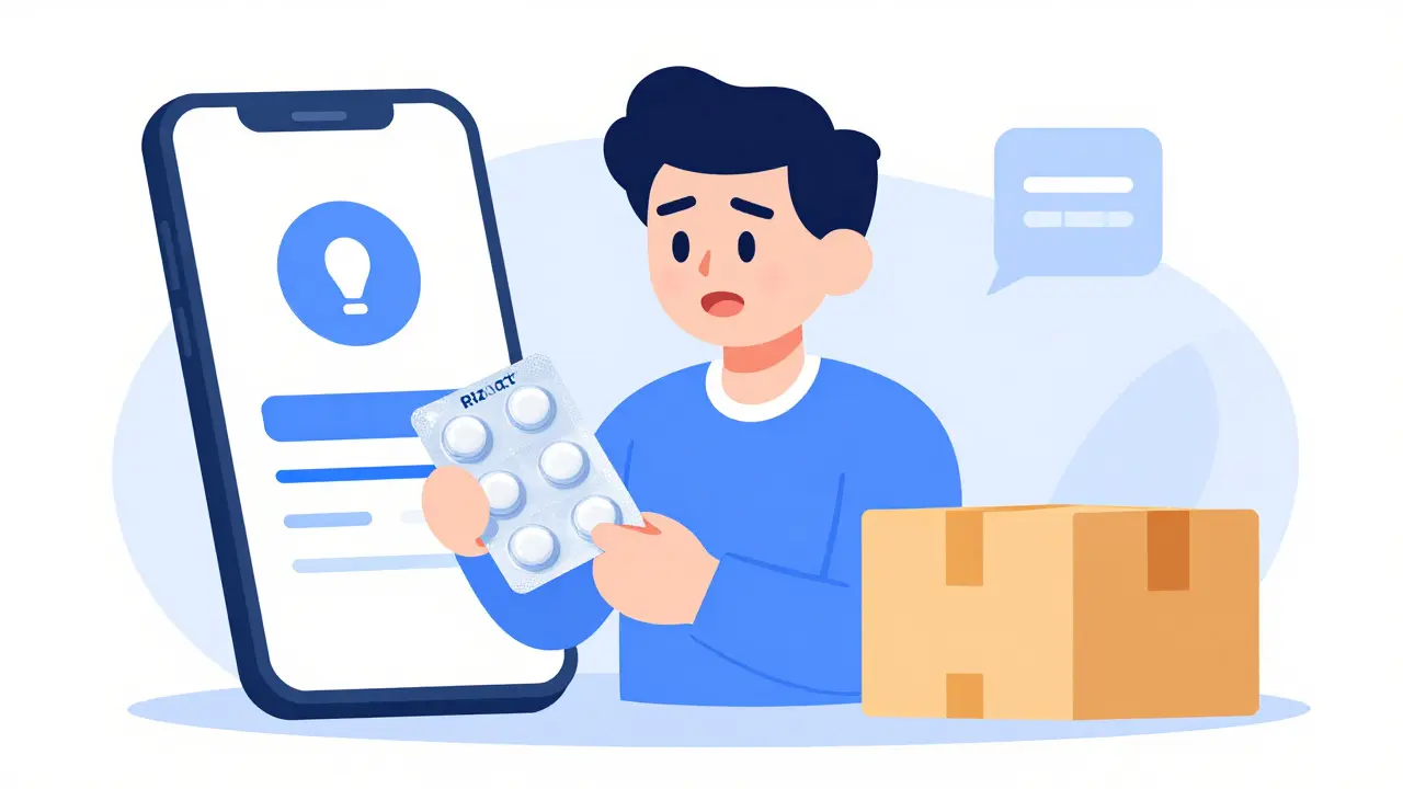 Happy character receiving safe online medication delivery