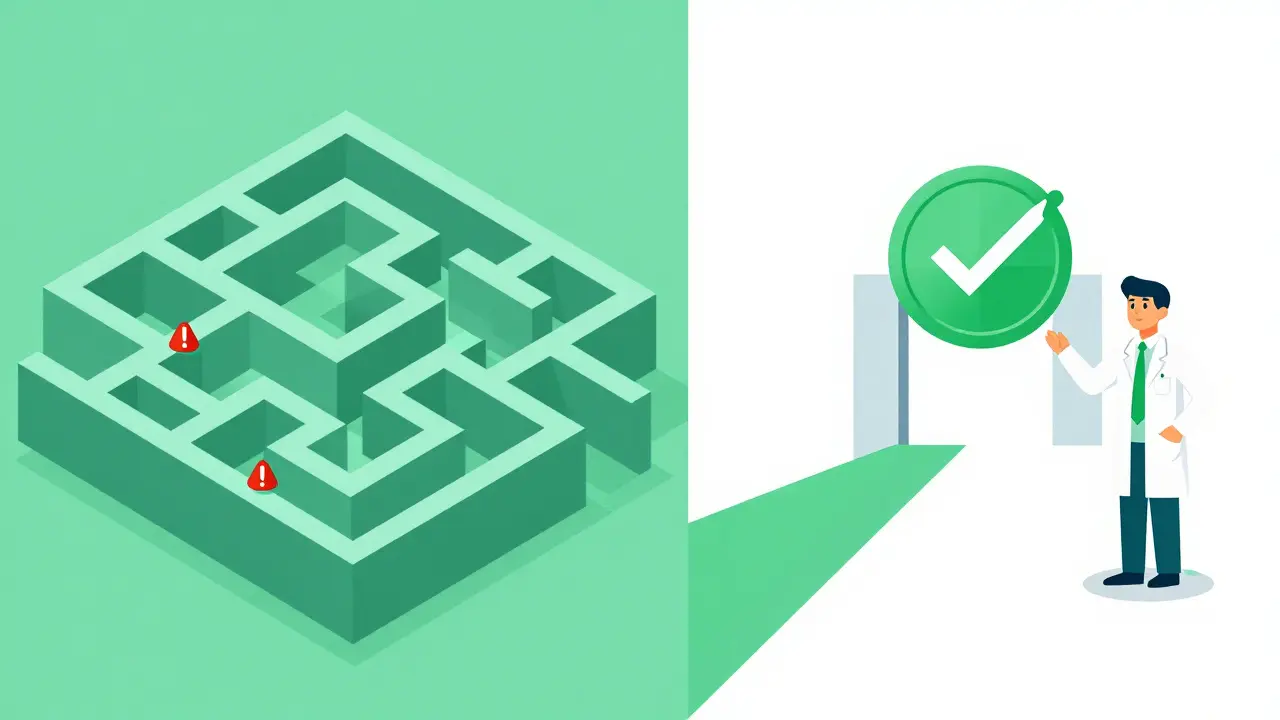 Illustration comparing safe verified pharmacies to risky scams