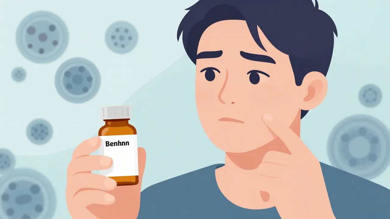 Illustration of a patient deciding between brand and generic medicine bottles.