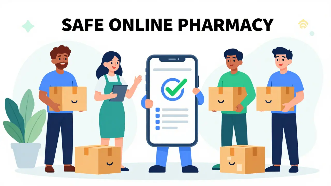 Illustration of people safely ordering generic medication from verified online pharmacies