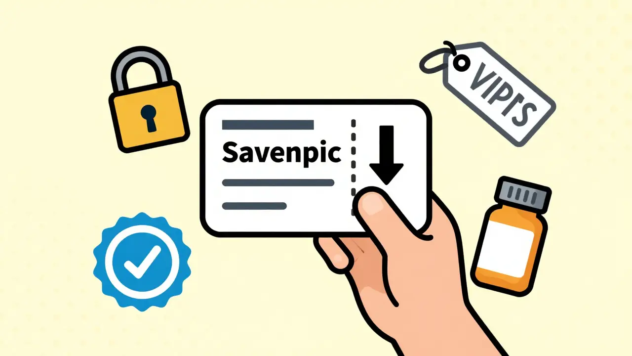 Illustration showing cost savings coupons and security seals for medication.