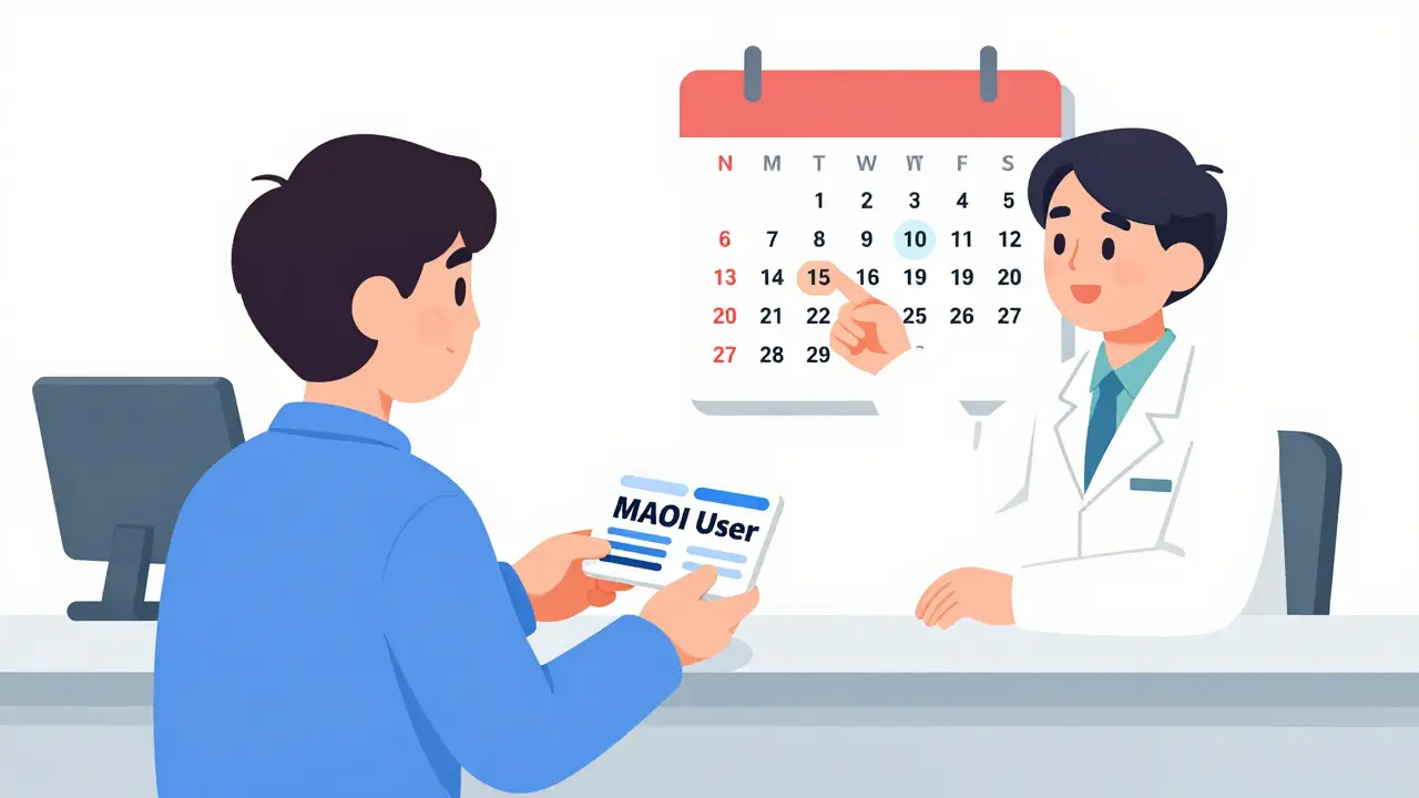 Patient discussing medication timing and washout periods with pharmacist