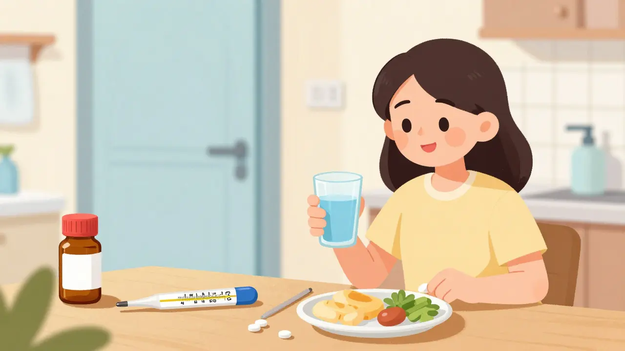 Patient taking glimepiride with food, storing meds safely at room temp