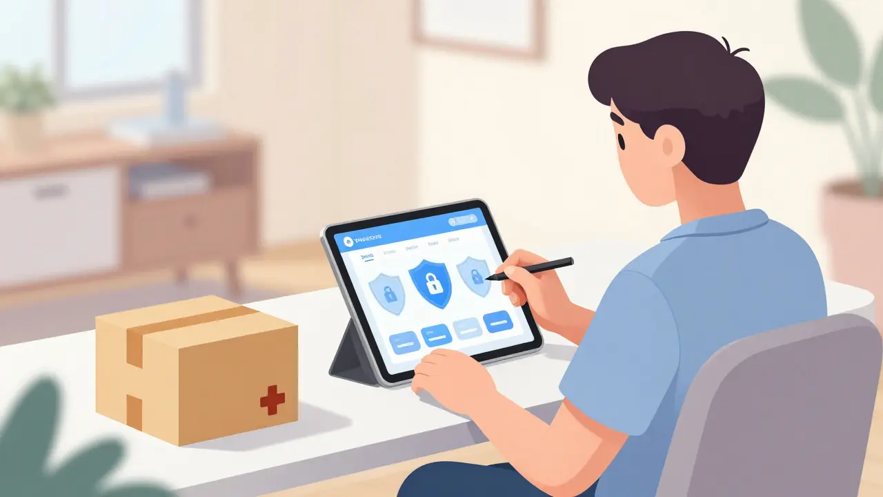 Person safely ordering medication online with security icons