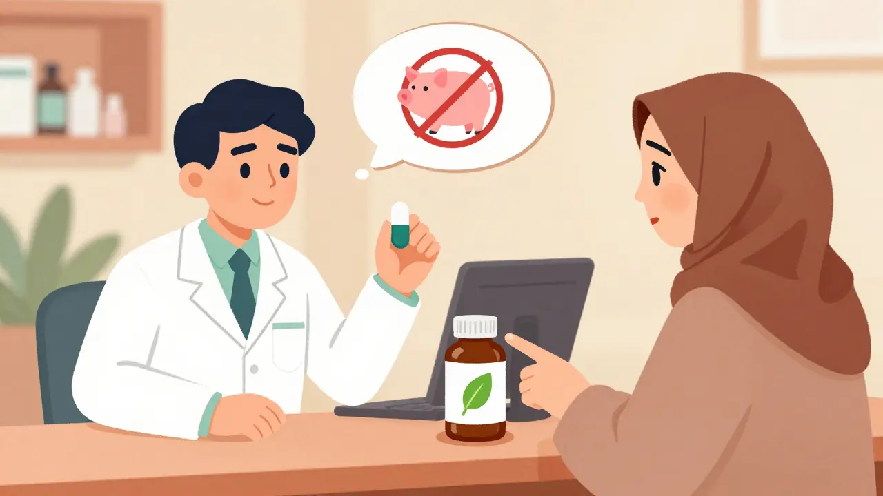 Pharmacist explaining gelatin-free alternatives to a Muslim patient.