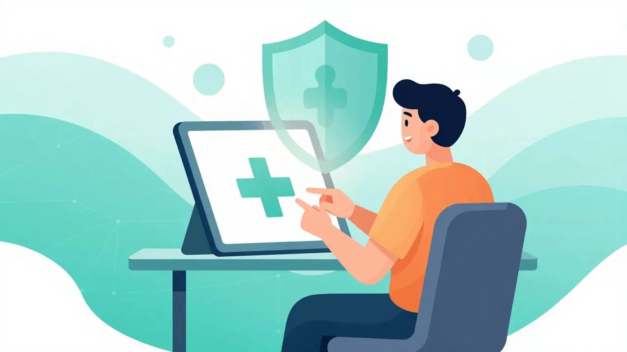 Secure telehealth consultation on tablet with privacy shield icon