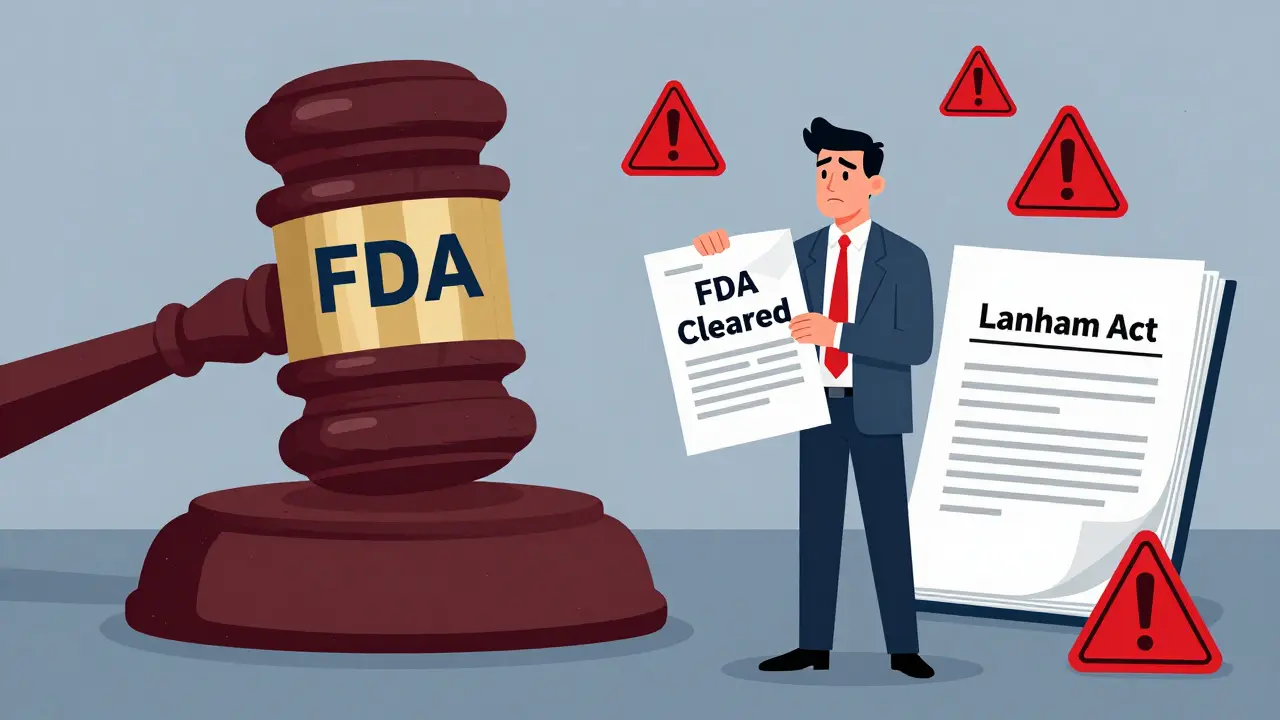 Cartoon of executive facing FDA legal risks for misleading drug ads