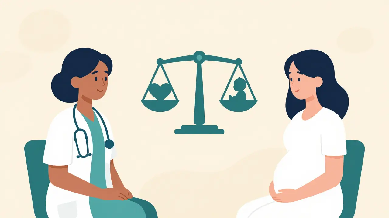 Doctor and pregnant patient discussing risks with a balance scale icon