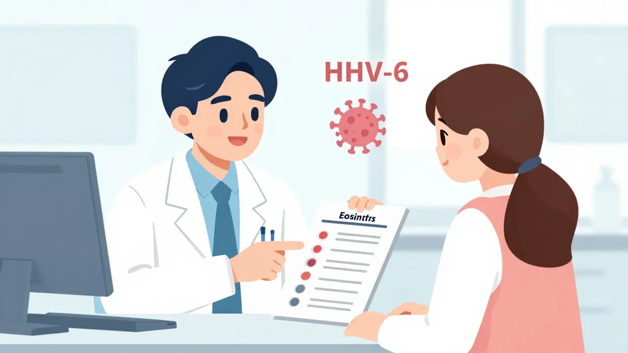 Doctor explaining blood test results to patient in a clinic setting