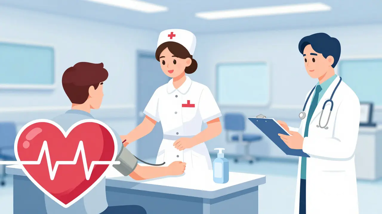Emergency room triage nurse assessing patient with heart monitoring
