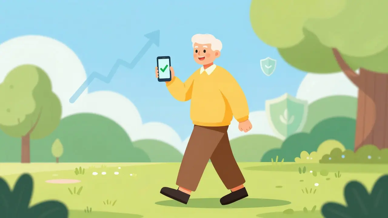 Happy senior walking with phone, symbolizing better health through medication sync.