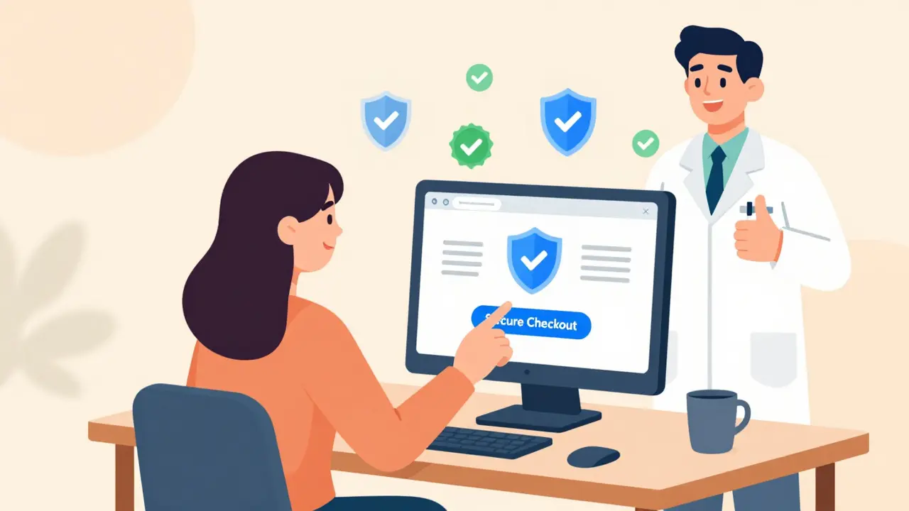 Happy user safely ordering medication online with verified security