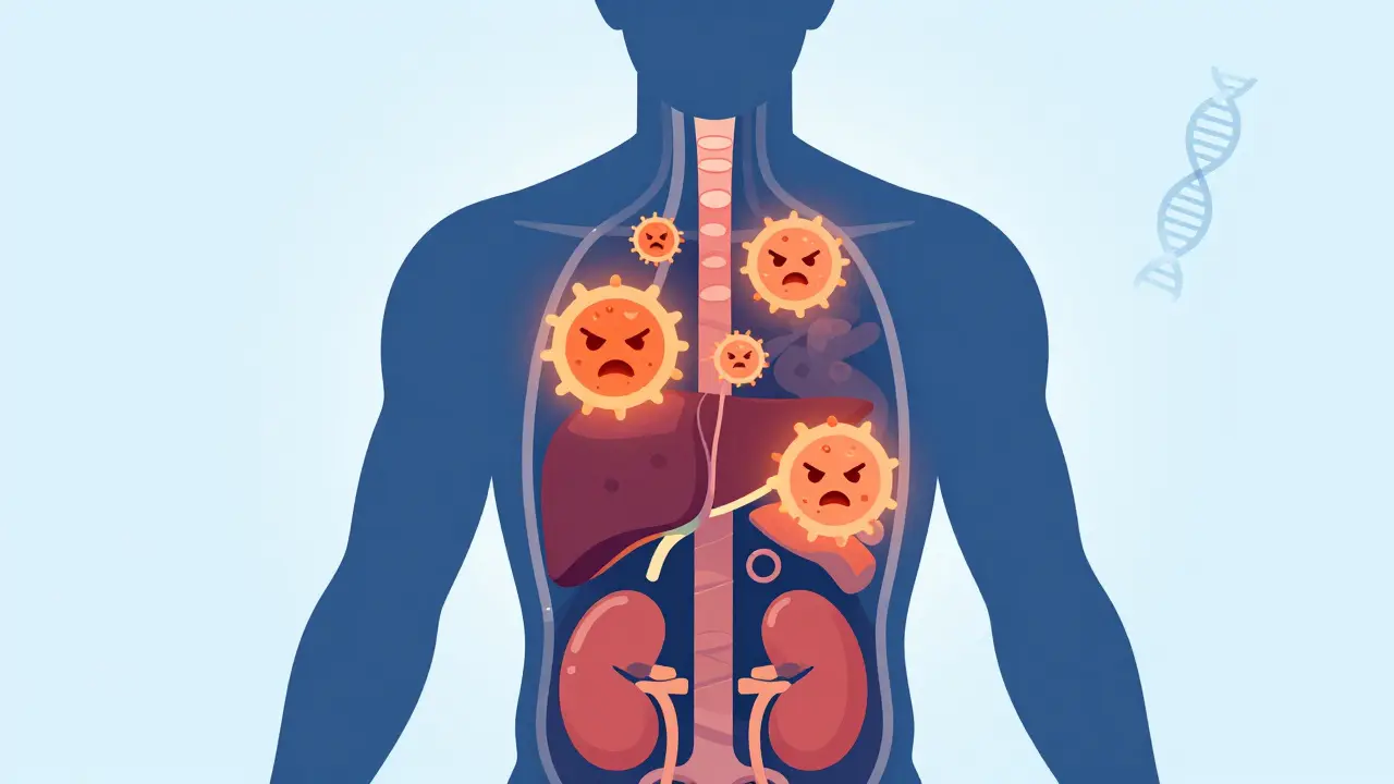 Illustration of immune cells attacking organs and DNA strands inside body