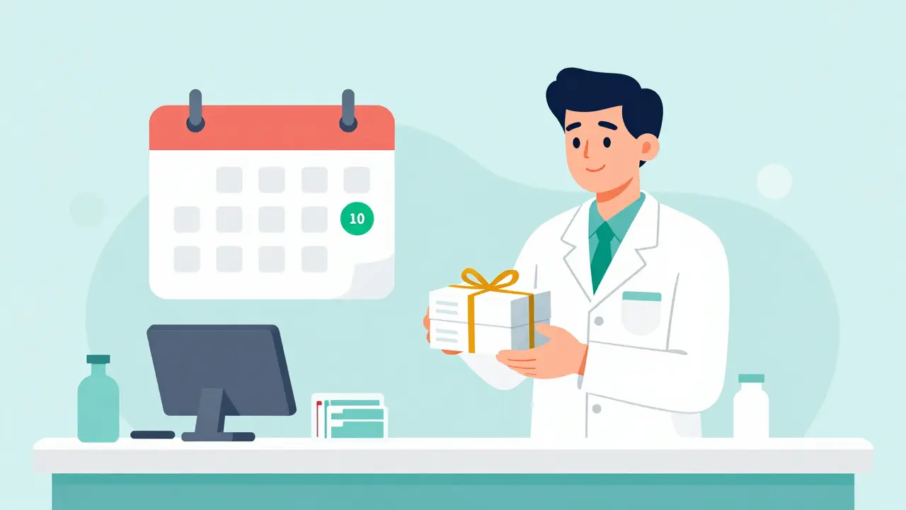 Illustration of pharmacist presenting synchronized medication bundle and single monthly date.