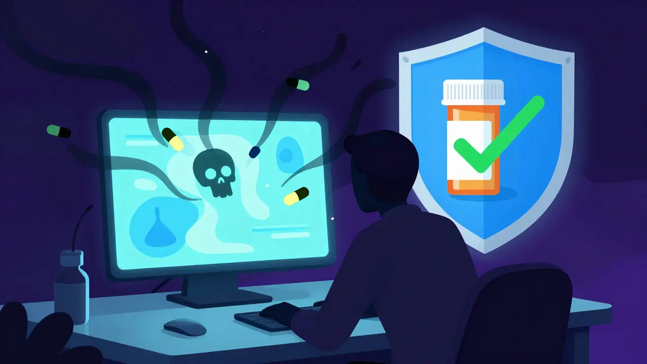 Illustration showing dangerous fake pills emerging from a laptop, blocked by a security shield.
