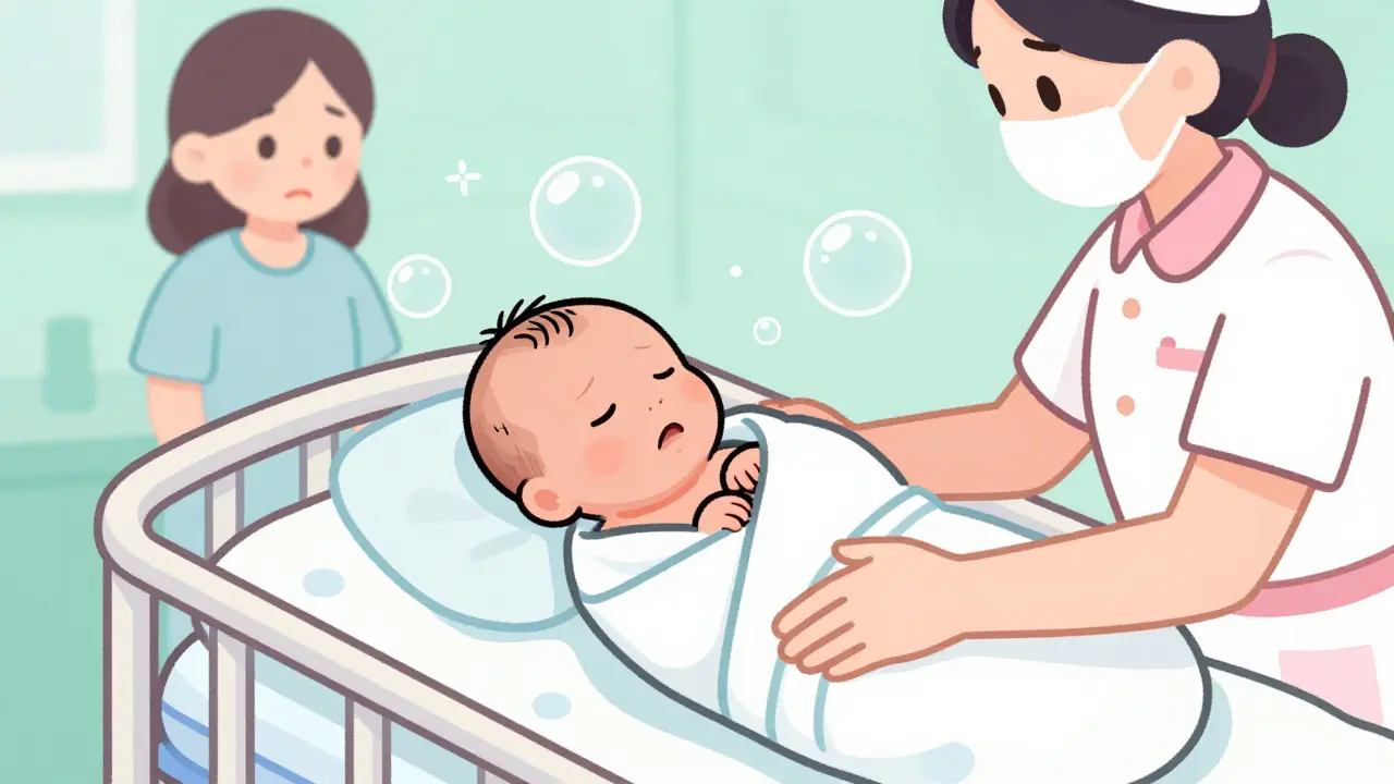 Newborn baby receiving supportive care in a hospital crib