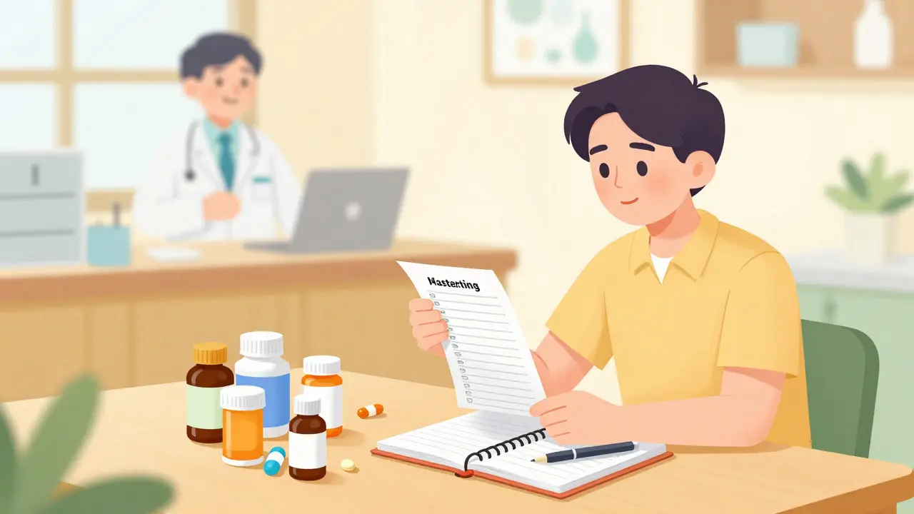 Patient organizing medication list with vitamins and supplements