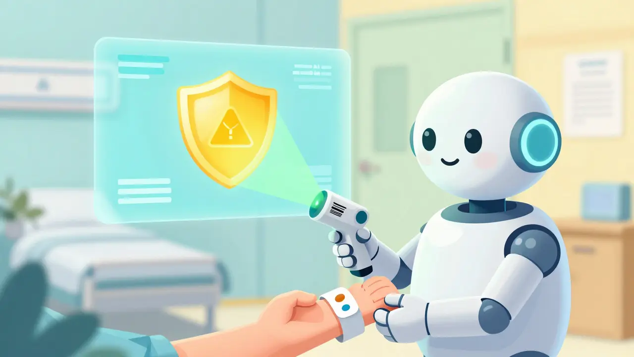 Robot scanning a patient wristband with an AI safety shield icon nearby