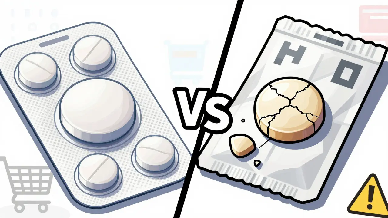 Side-by-side cartoon comparison of a perfect pill versus a cracked, fake pill in bad packaging.