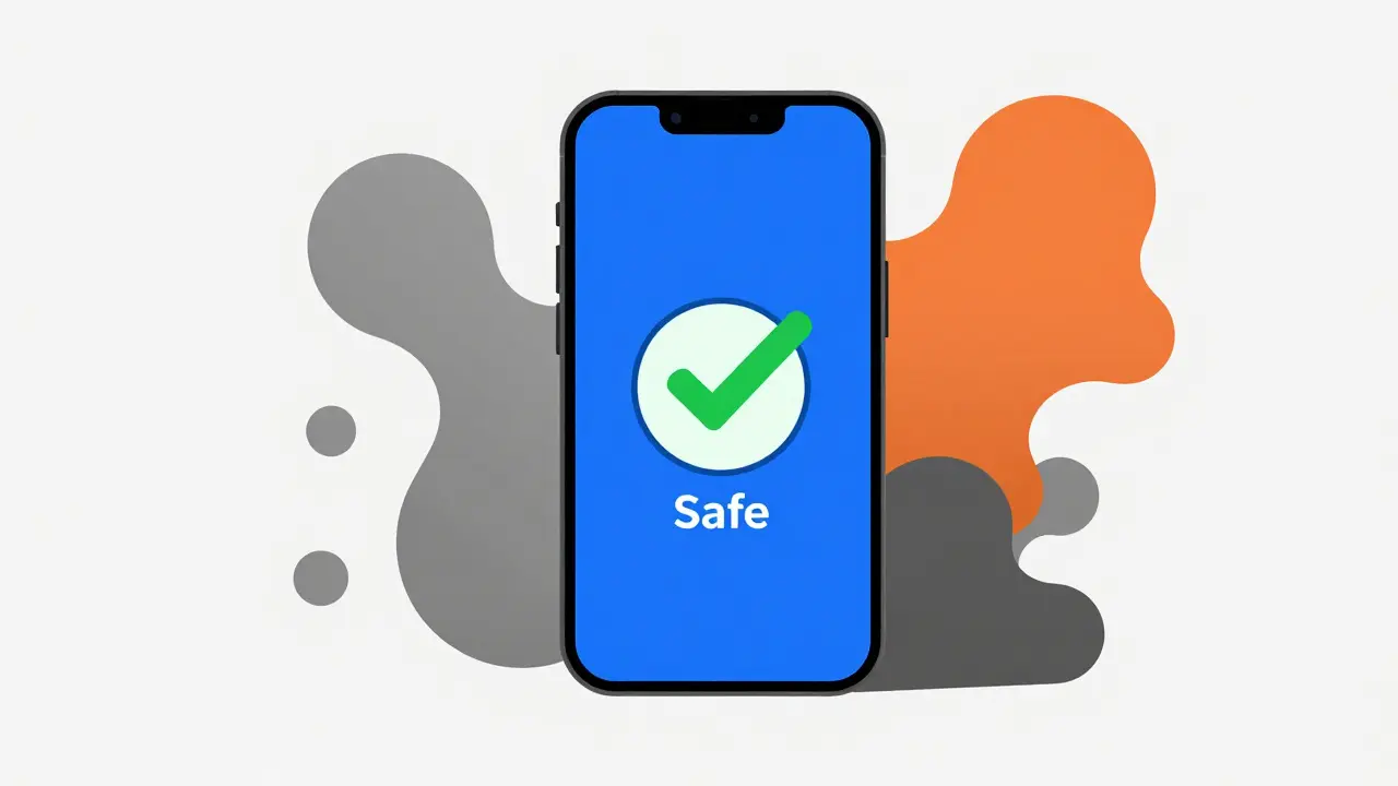 Smartphone shows safe status while hidden drug risks lurk in shadows behind it