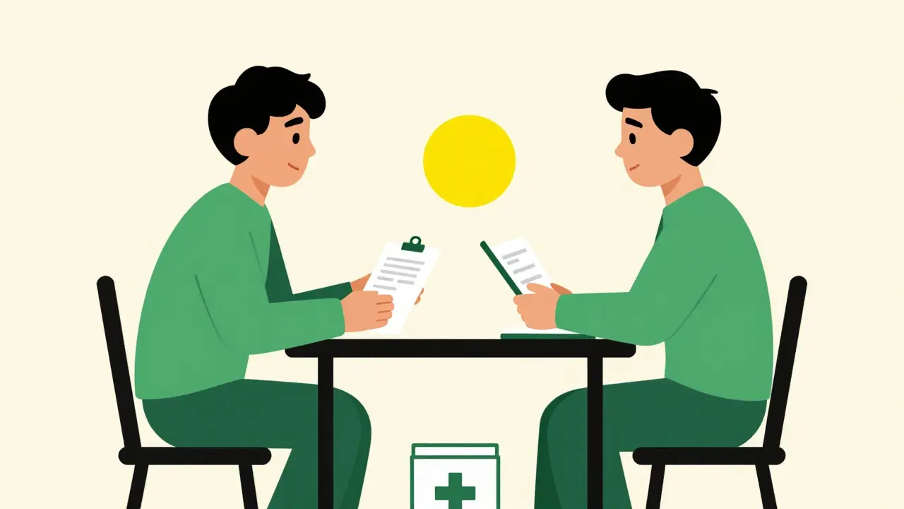 Two people talking honestly with a naloxone kit nearby for safety