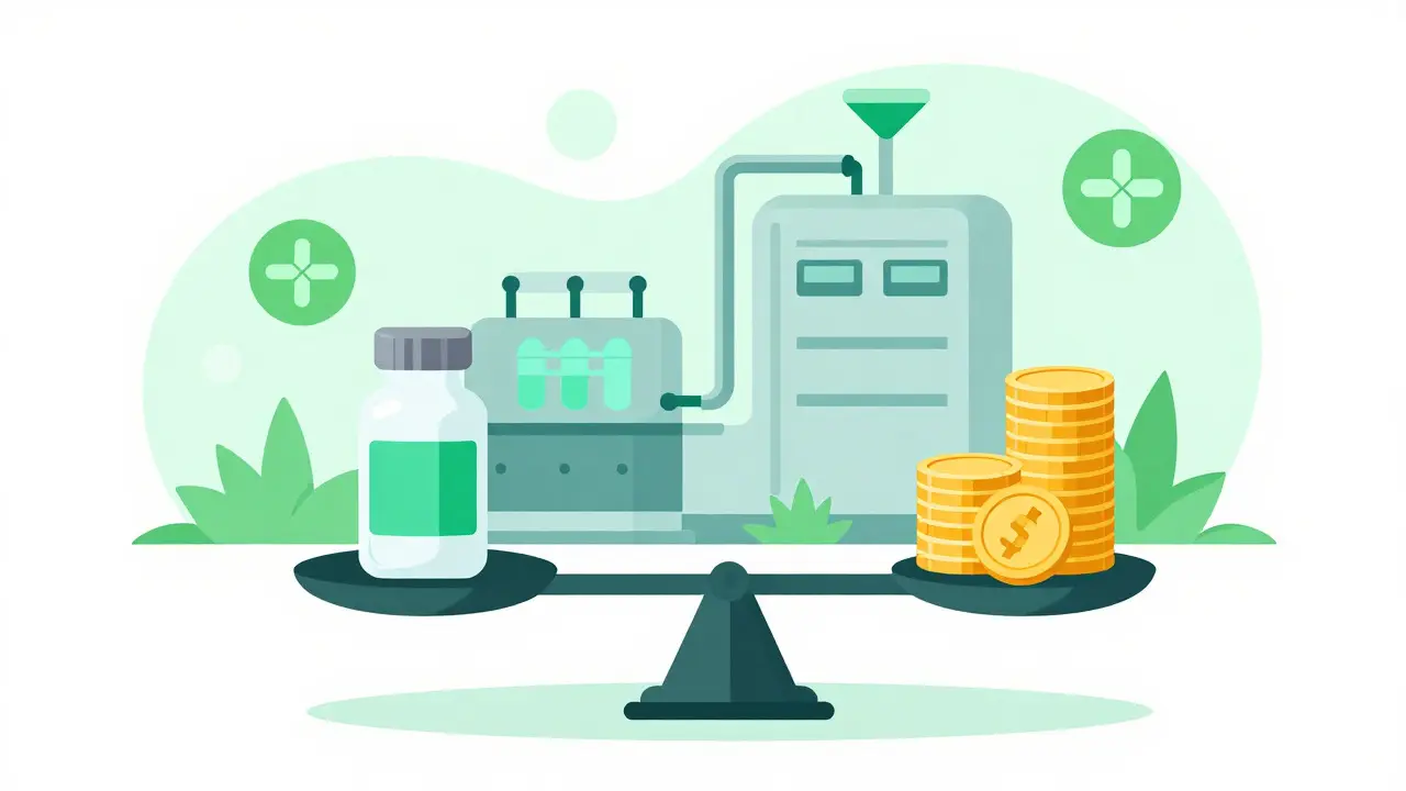 A balanced scale representing sustainable drug pricing alongside a modern local manufacturing plant.