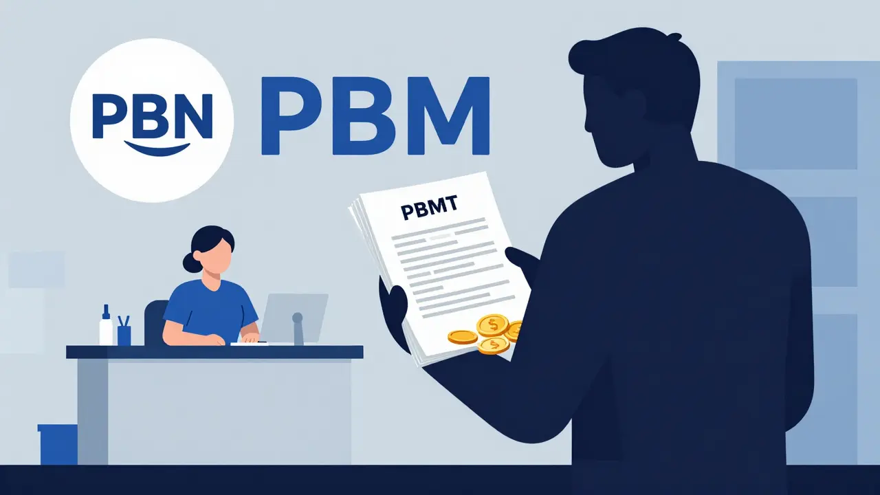 A shadowy PBM figure blocking transparency between pharmacies and insurers in a cartoon.