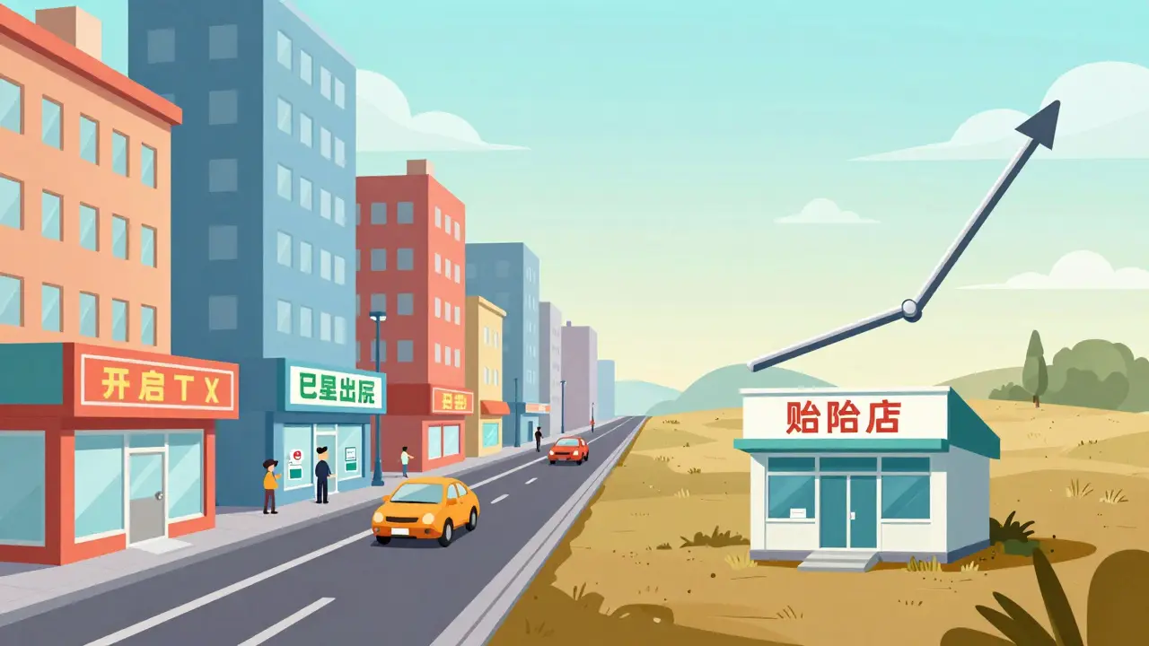 Cartoon comparing competitive urban pharmacies to isolated rural ones with higher prices.