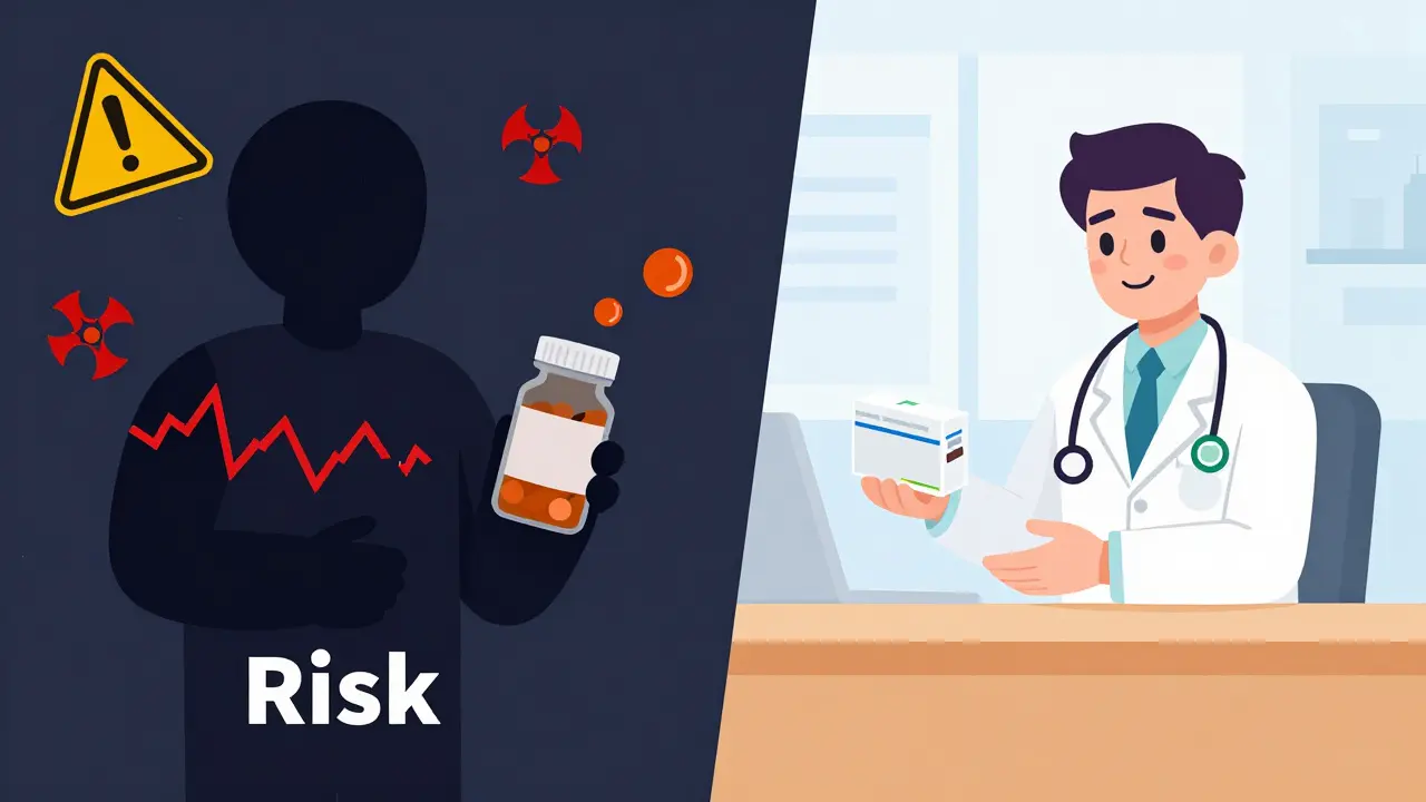 Cartoon comparing risky fake pills vs safe prescribed meds