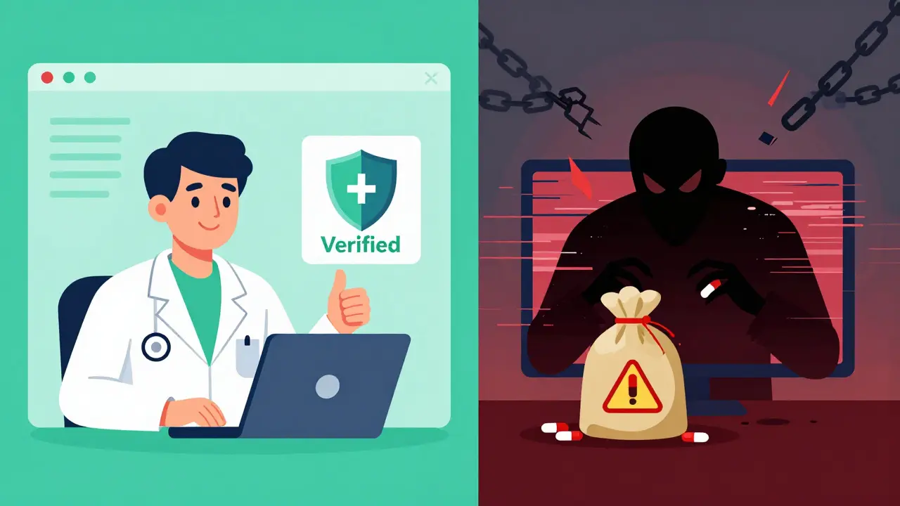 Cartoon comparison of safe telemedicine vs unsafe fake online pharmacies