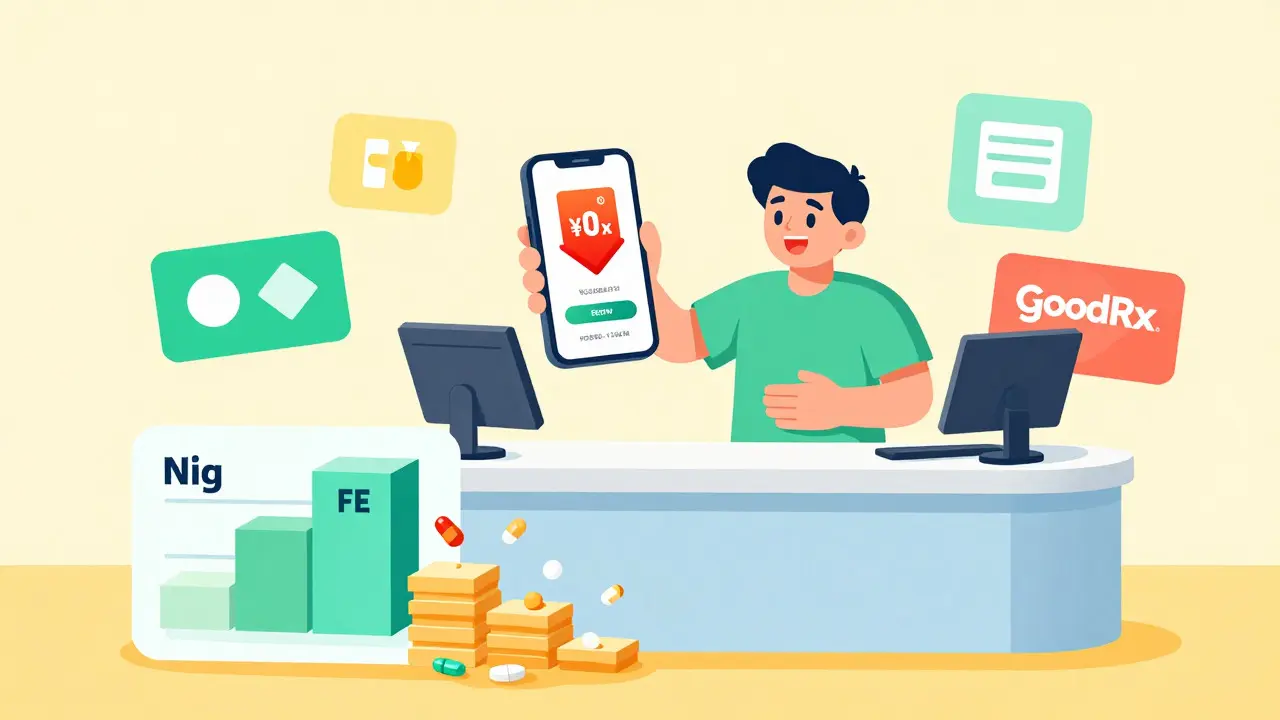 Character using coupons and apps to save on heartburn meds