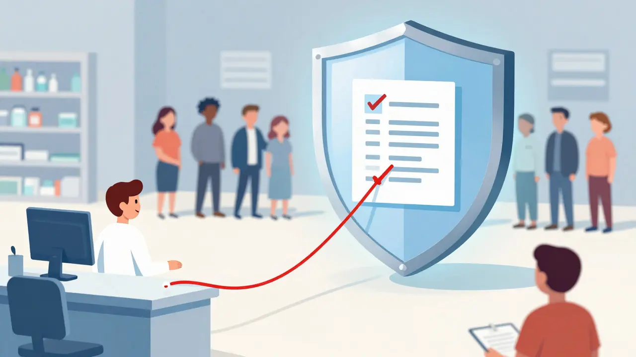 Conceptual art showing a report connecting a pharmacy to community safety.