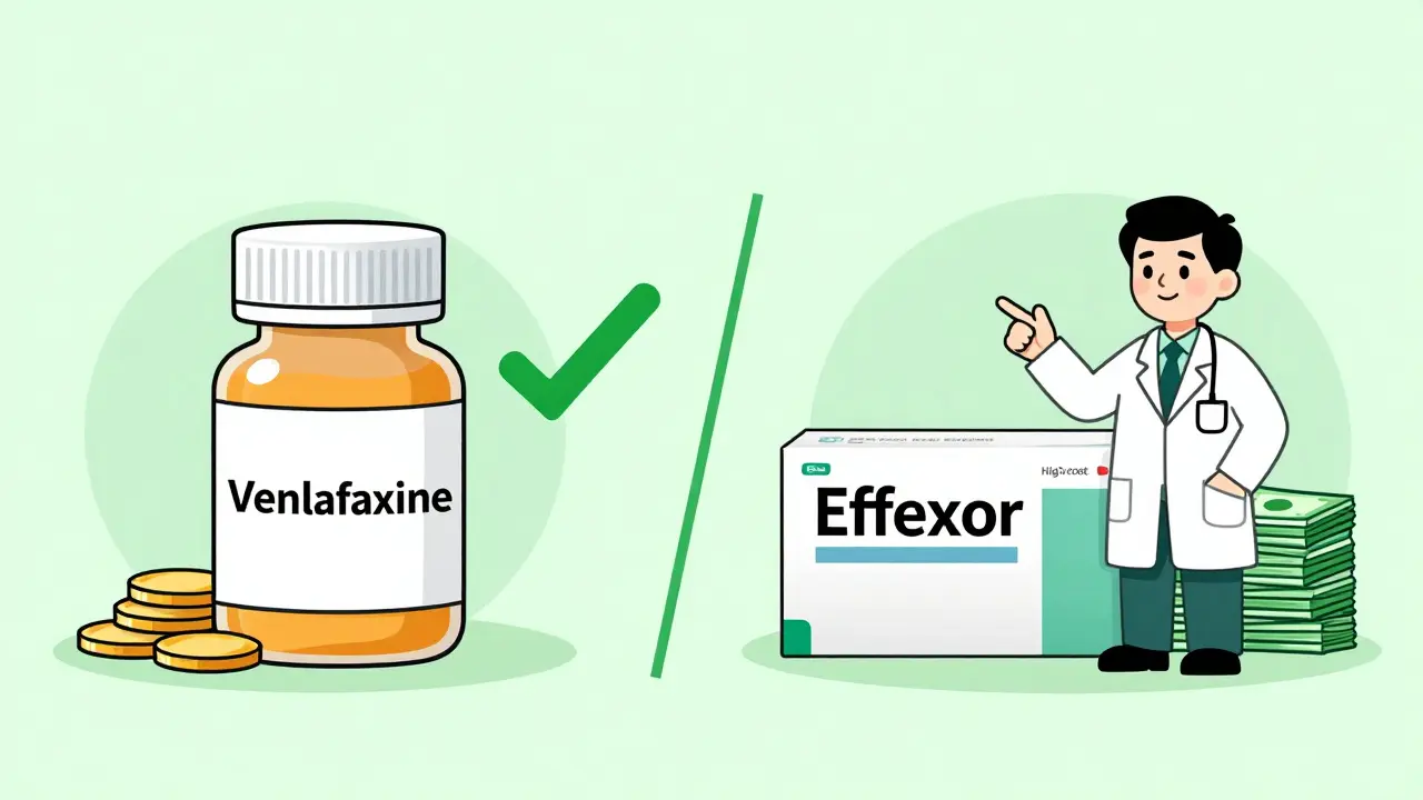 Illustration comparing cheap generic pills to expensive brand name meds