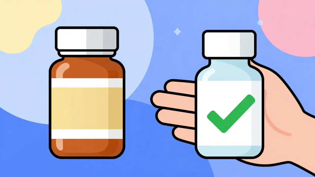 Illustration comparing expensive brand-name drug with affordable generic option.