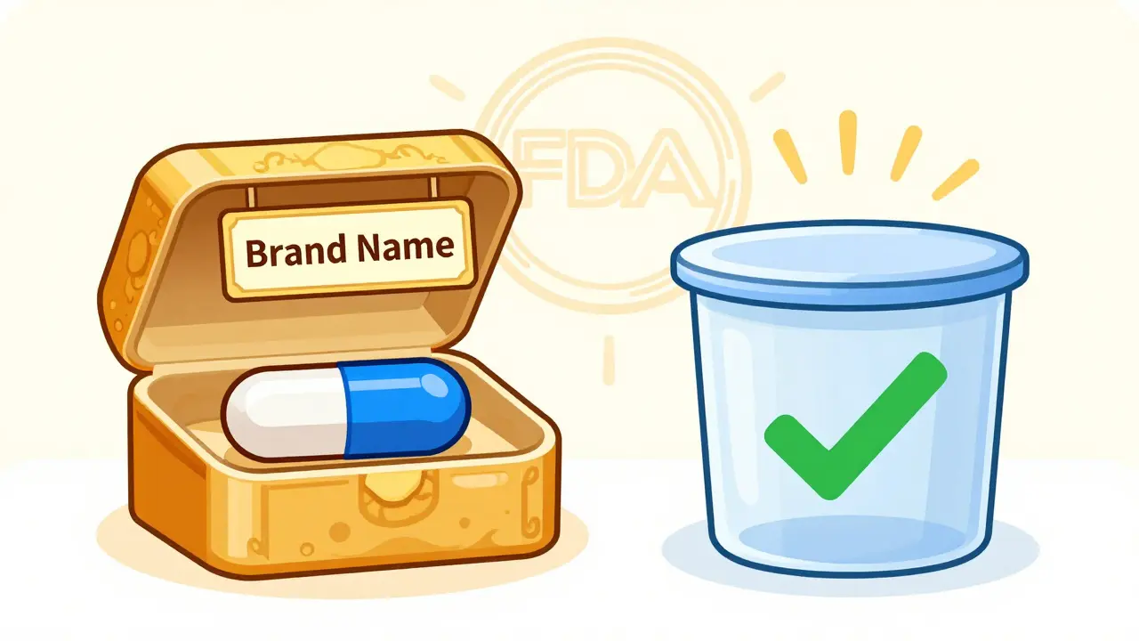 Illustration comparing generic and brand name pills, highlighting equal quality and lower cost.