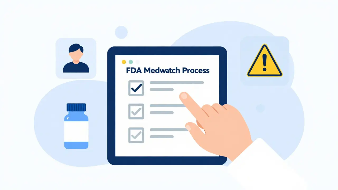 Illustration of a pharmacist using a tablet to report a drug adverse event.