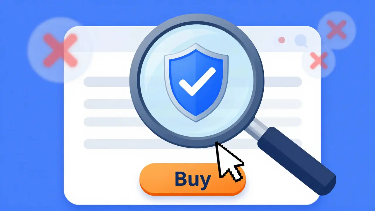 Magnifying glass checking website safety before buying medication online.