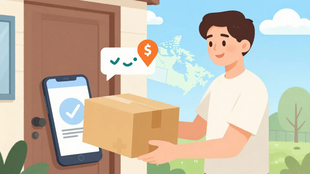 Man happily receiving medication delivery package at home with savings