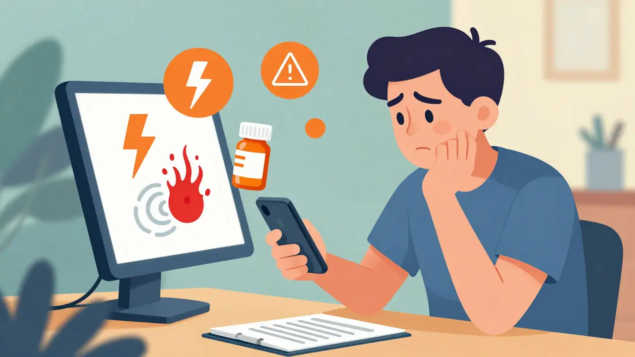Patient checking phone for medication warning signs