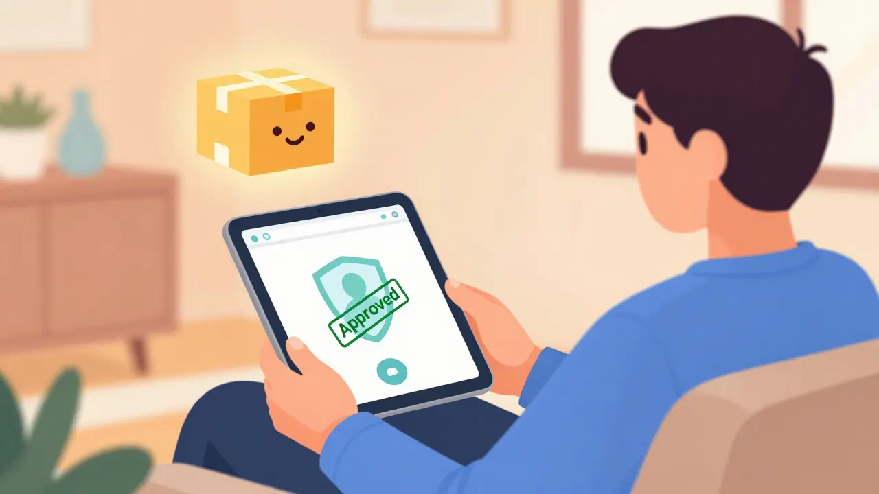 Person ordering medication online via tablet with secure delivery icon
