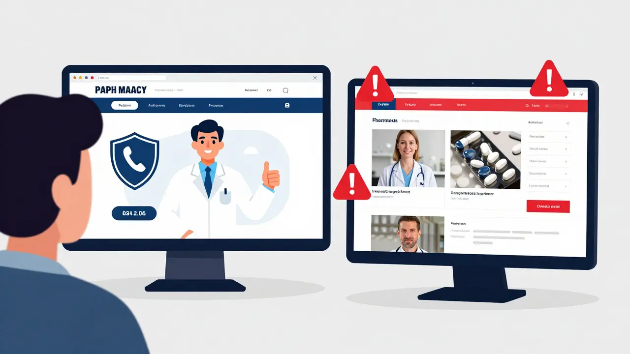 Cartoon comparing a safe accredited pharmacy site versus a risky cluttered one.