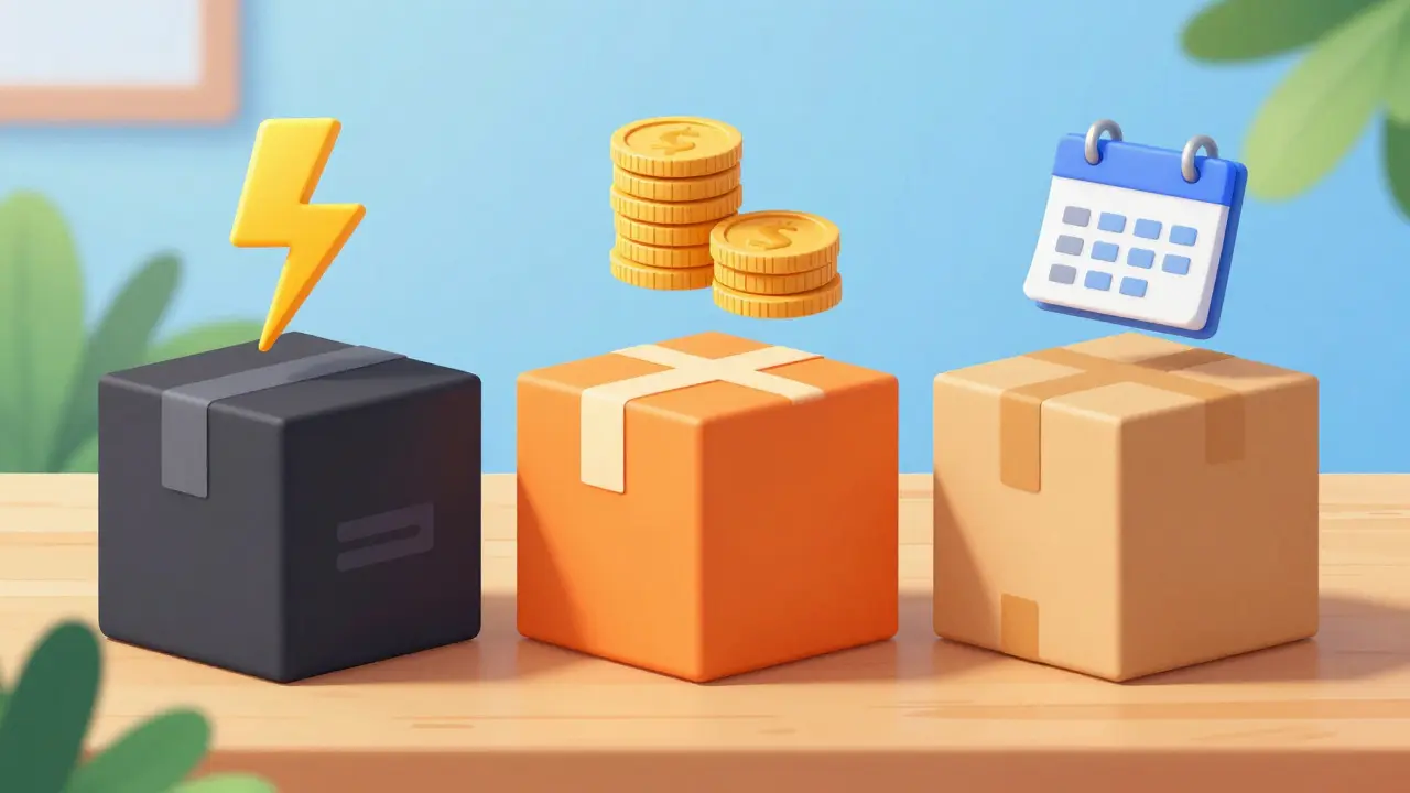 Cartoon showing three different medication delivery boxes with icons for speed and price