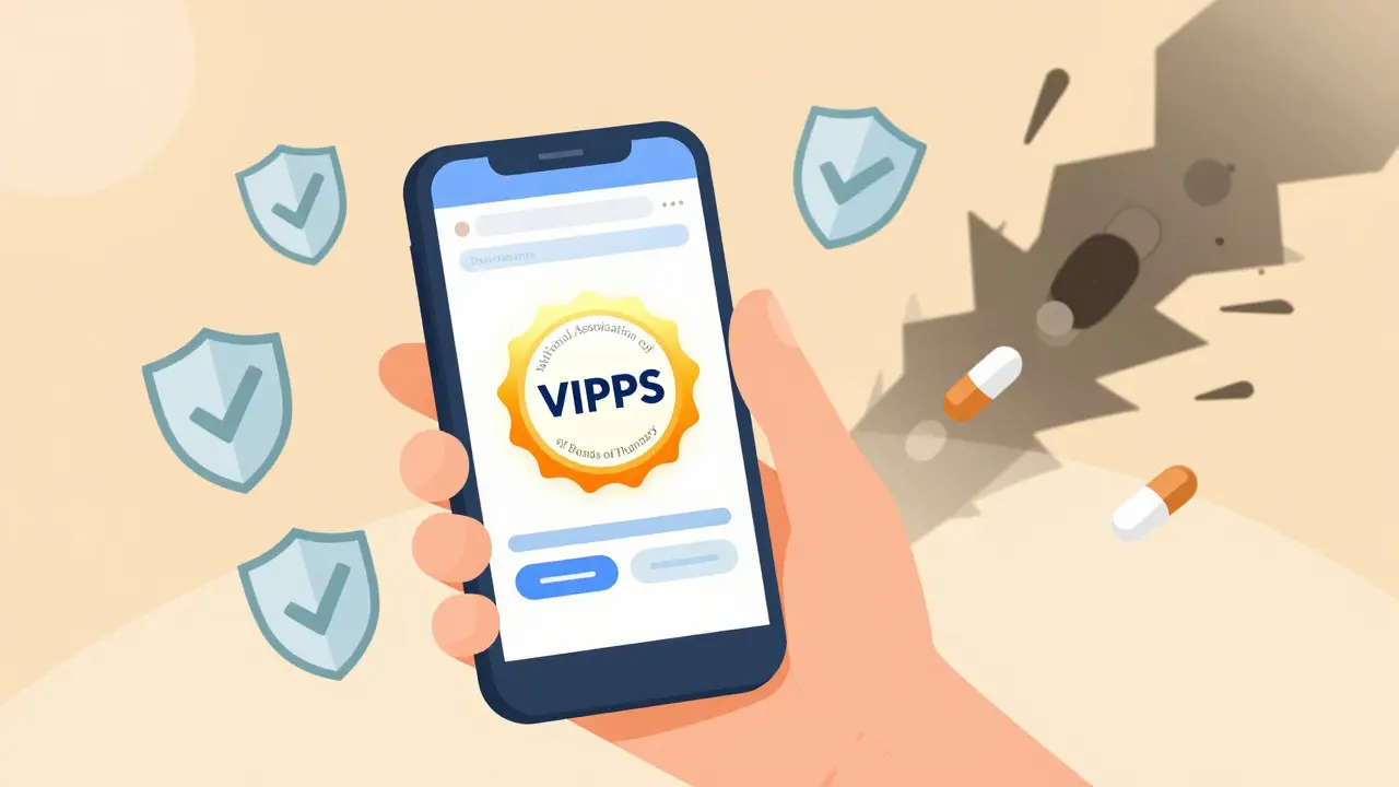 Character verifying safe online pharmacy with VIPPS accreditation seal