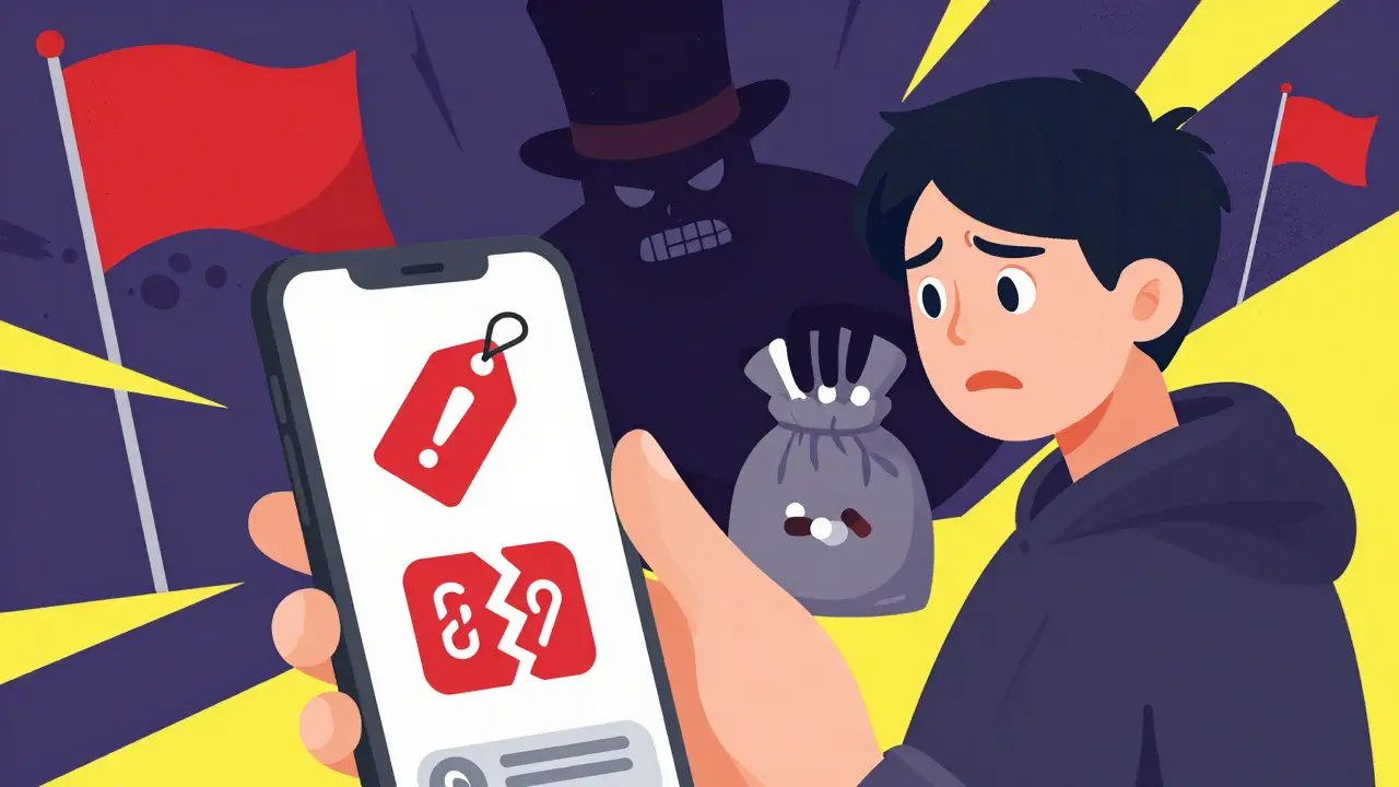 Consumer spotting red flags on phone while scammer lurks behind